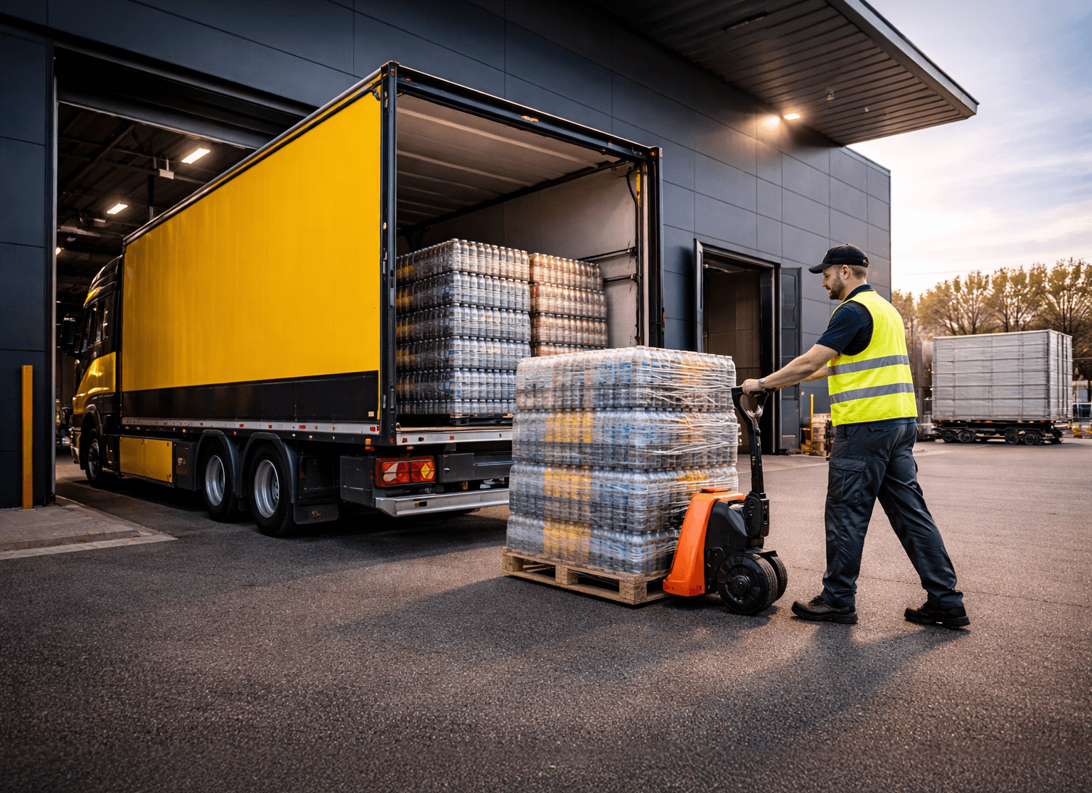Warehouse worker moving beverage pallets near a delivery truck